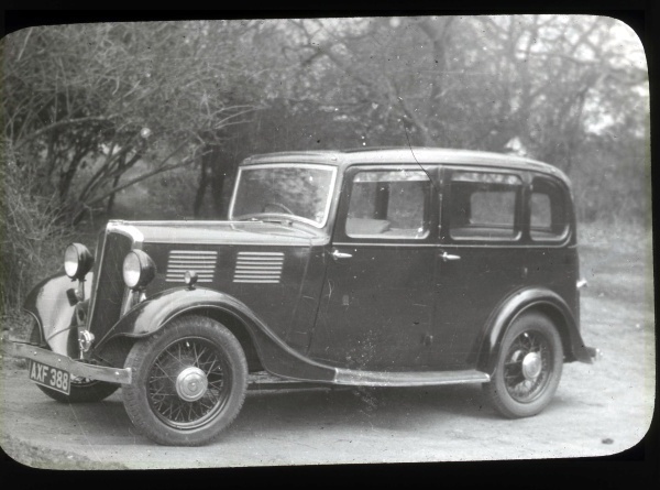An old car shown on a Magic Lantern Slide in Percy's Slide collection.
